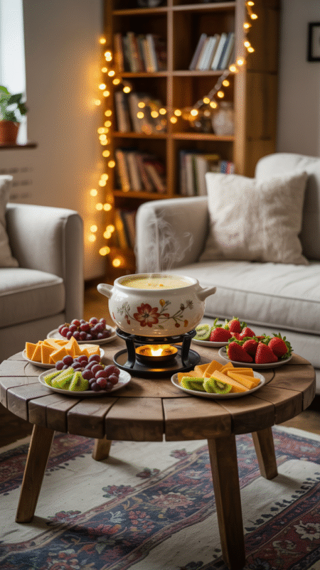 A cozy living room table with a bubbling fondue pot, small bowls of bread cubes, veggies, and fruit, softly lit by string lights in the background.