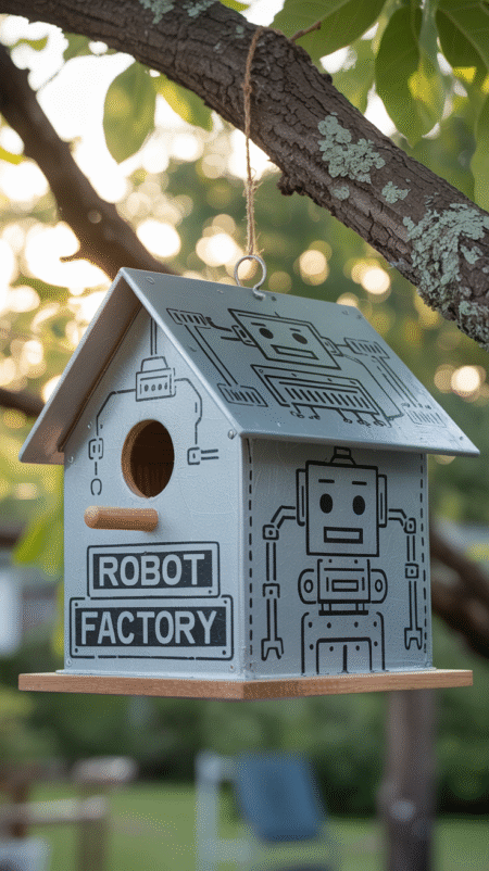 Metallic-gray birdhouse covered in stenciled cartoon robot faces and circuit patterns, like a cute robot factory
