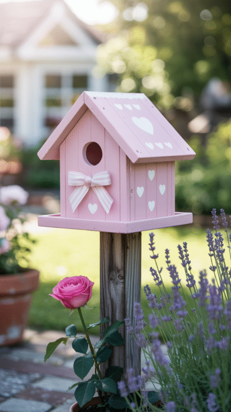 Pastel pink birdhouse decorated with white bow and heart stencils