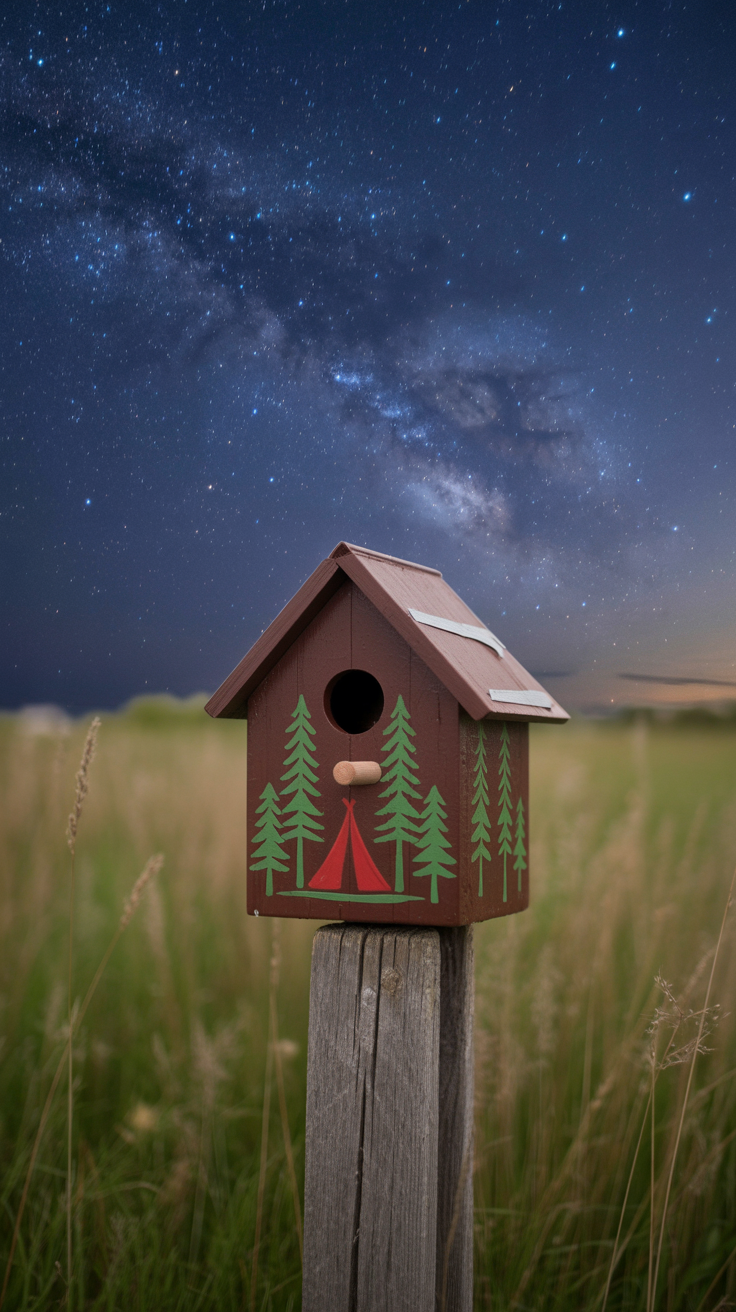 Brown birdhouse painted with green pine trees and a red tent stencil under a starry sky