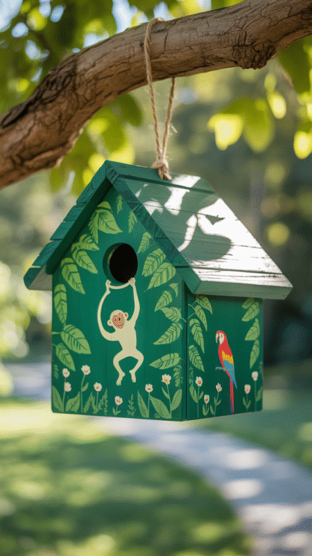 Birdhouse painted emerald green with jungle leaves and stenciled silhouettes of a monkey hanging and a parrot