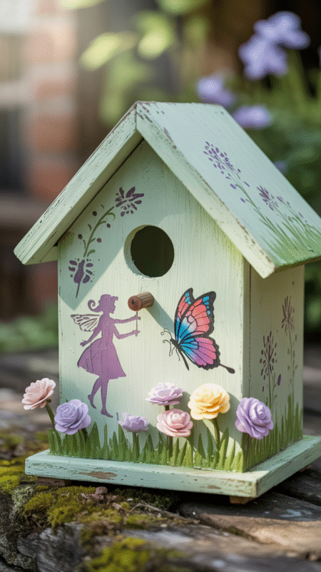 Light green birdhouse painted with a whimsical fairy and butterfly stencil, surrounded by tiny painted flowers