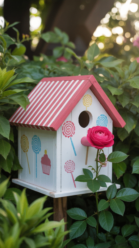 White birdhouse with red candy-stripe roof and stenciled lollipop and cupcake designs in bright pastel colors