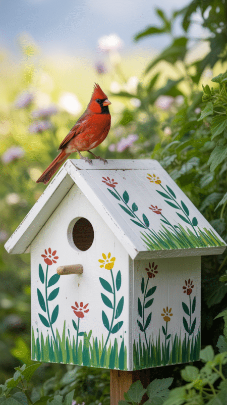 White birdhouse with hand-painted green grass at the base and stenciled red and yellow flowers and green leaves all around