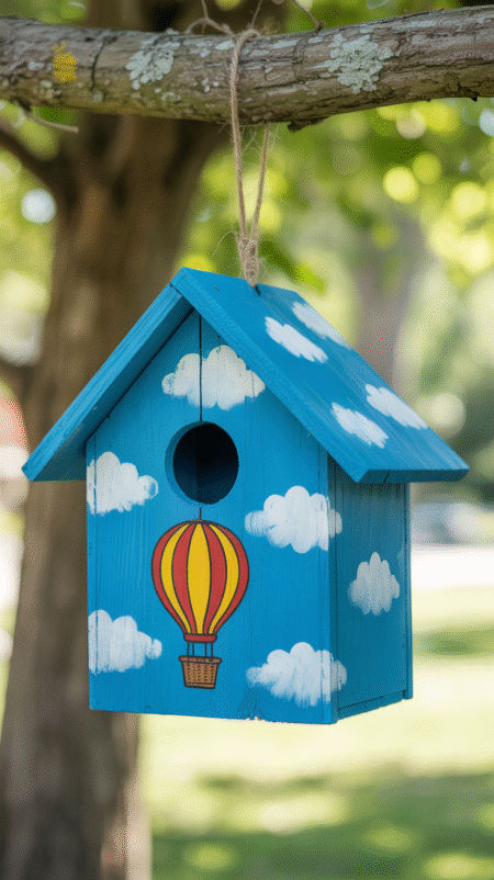 Blue birdhouse with white stencil clouds and a giant pastel-striped hot air balloon drifting upwards