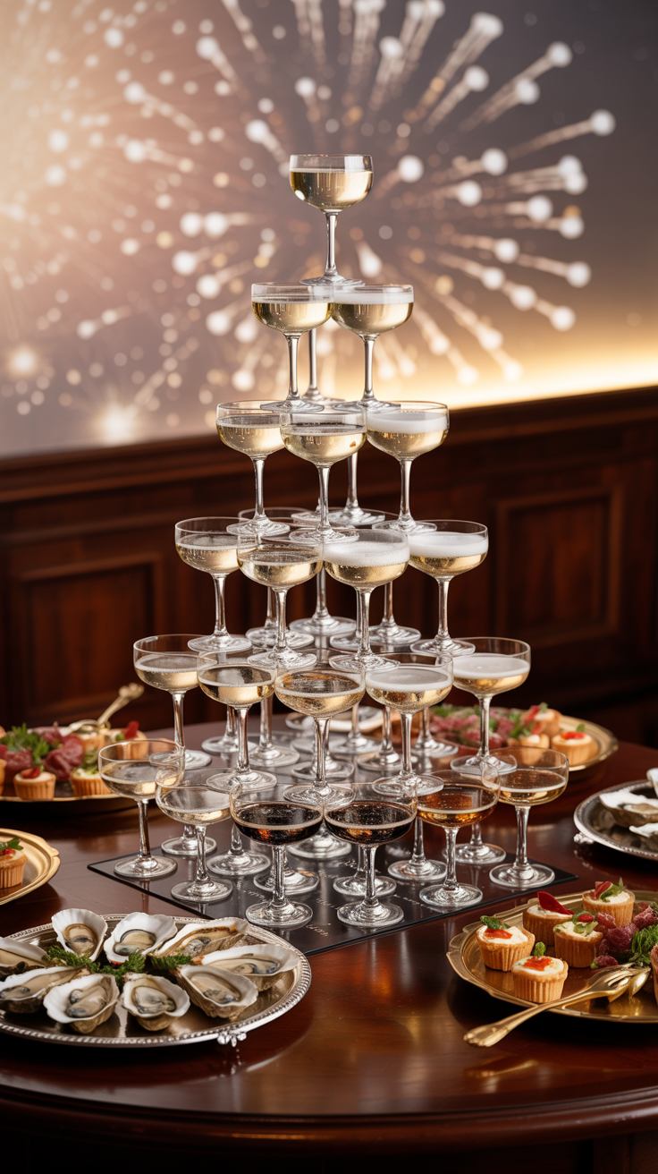 A tiered champagne tower with golden bubbly, a lit sparkler, and trays of elegant hors d’oeuvres surrounding the base in soft candlelight.