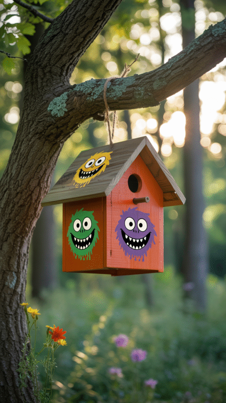 Colorful birdhouse painted orange with goofy friendly monster faces with big eyes and toothy grins