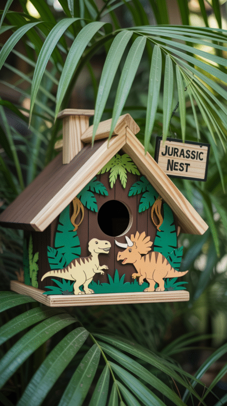 Wooden birdhouse decorated like a dinosaur jungle, with green palm leaves and cartoon-style T. rex and triceratops silhouettes
