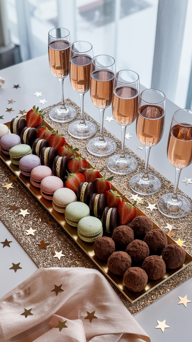An overhead shot of a dessert table with pastel macarons, chocolate truffles, dipped strawberries, champagne glasses, and a gold sequin runner with star confetti.