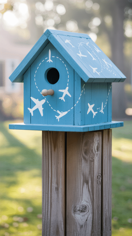 Light blue birdhouse with white stencil airplanes flying around