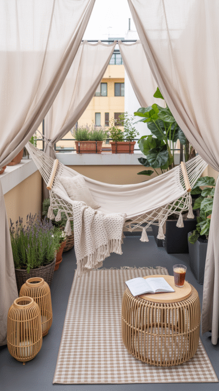 A dreamy small balcony featuring a macramé hammock with a knit throw, potted lavender and mint, bamboo lanterns, a rattan side table with iced coffee and a journal, and fluttering privacy curtains.