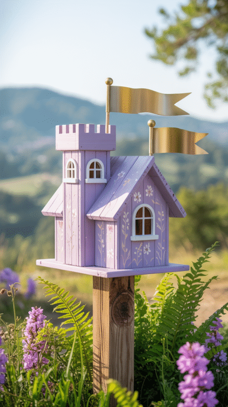 Birdhouse painted light purple with a painted castle turret and gold flags, set in a storybook-like design