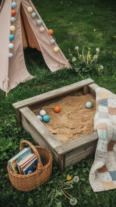 A cozy backyard corner for kids featuring a wooden sandbox, sand toys, a vintage patchwork quilt, picnic basket, books, and a cotton teepee with garlands under soft glowing string lights.