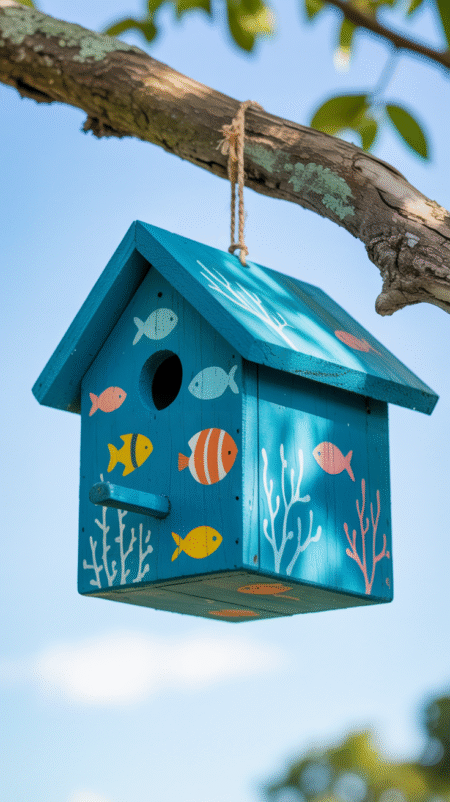 Wooden birdhouse painted aqua with stenciled coral reef branches and colorful fish shapes, giving an underwater look