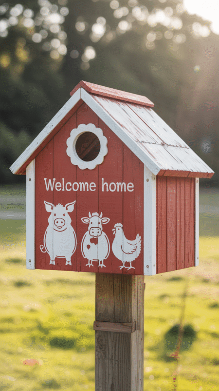 Red birdhouse with a white roof painted like a barn, and stenciled pig, cow, and chicken images on the walls