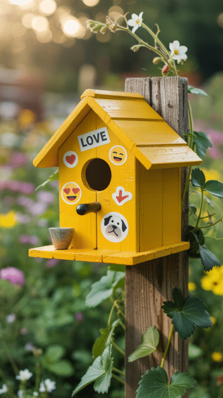 Bright yellow birdhouse featuring large stencil-outlined smiley face and heart-eye emoji shapes