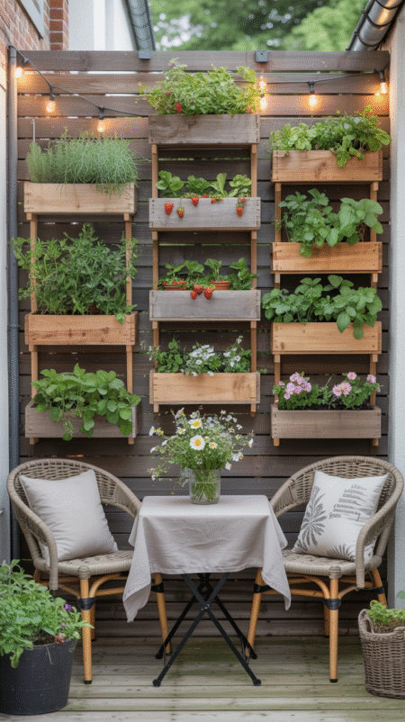 A small patio featuring a vertical garden wall with wooden crates filled with herbs and flowers, a bistro table with a wildflower bouquet, woven chairs, and fairy lights on a wood fence.
