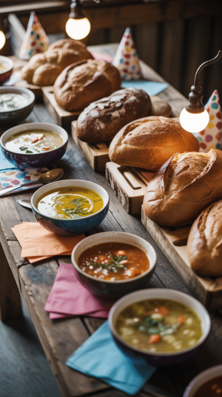 A cozy table set with steaming pots of soup, baskets of artisan bread, stacked white bowls