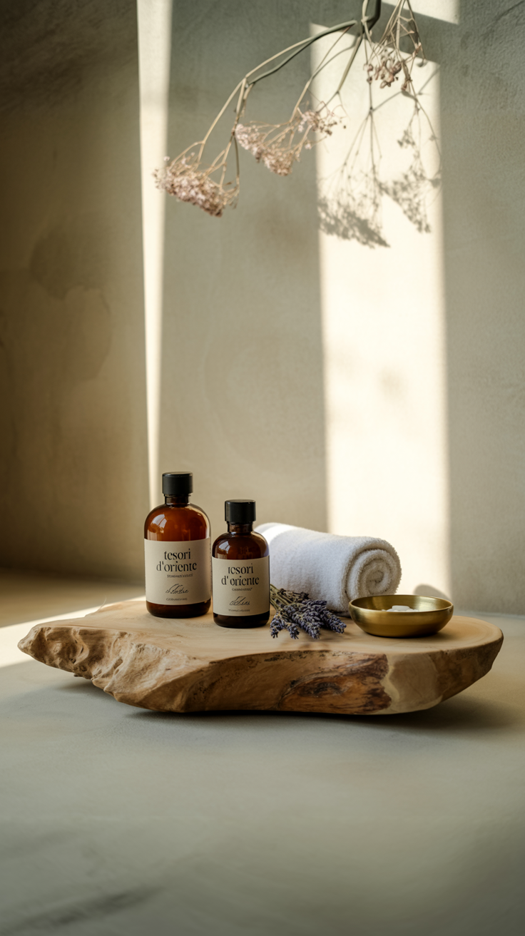 photography setup on a natural wooden slab. Two amber glass bottles with black caps labeled "tesori d'oriente" sit on the left side of the wooden surface. A rolled white towel lies next to the bottles, and a small gold-colored bowl is positioned on the right side. Fresh purple lavender sprigs are scattered across the wooden surface. A delicate dried flower stem with small beige blooms hangs from above, casting intricate shadows on the light gray wall behind