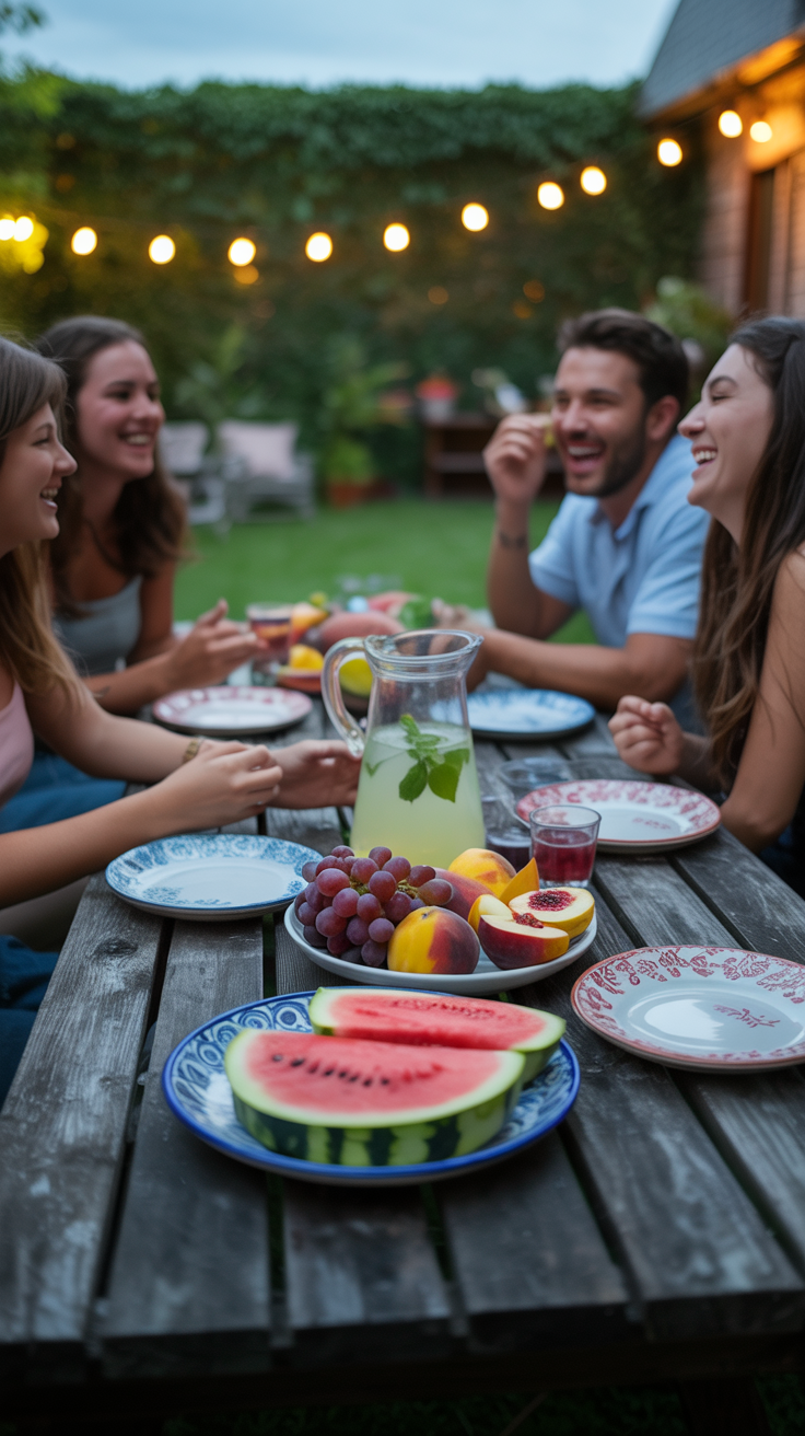 A photograph of a weathered wooden backyard table illuminated by softly glowing string lights at dusk. A vibrant assortment of mismatched ceramic plates holds slices of watermelon, juicy peaches, and plump grapes, alongside a pitcher of refreshing lemonade with a sprig of mint. Around the table, several friends laugh and share stories, their faces lit by the warm glow of the string lights, creating a convivial atmosphere. The background reveals a blurred view of a lush green lawn and a fence adorned with climbing ivy, evoking a feeling of relaxed summer evenings.