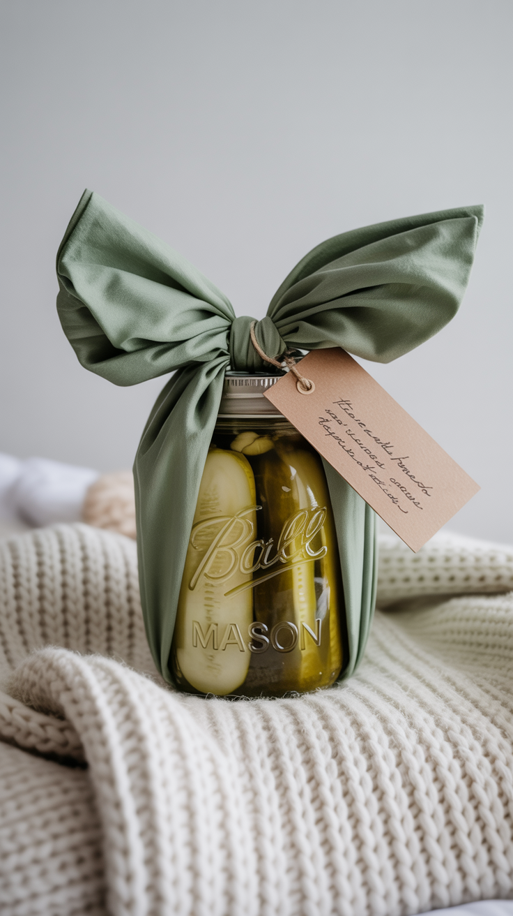 Glass jar of pickles wrapped in sage green fabric using the furoshiki method, tied with a handwritten kraft gift tag, resting on a cozy knit blanket