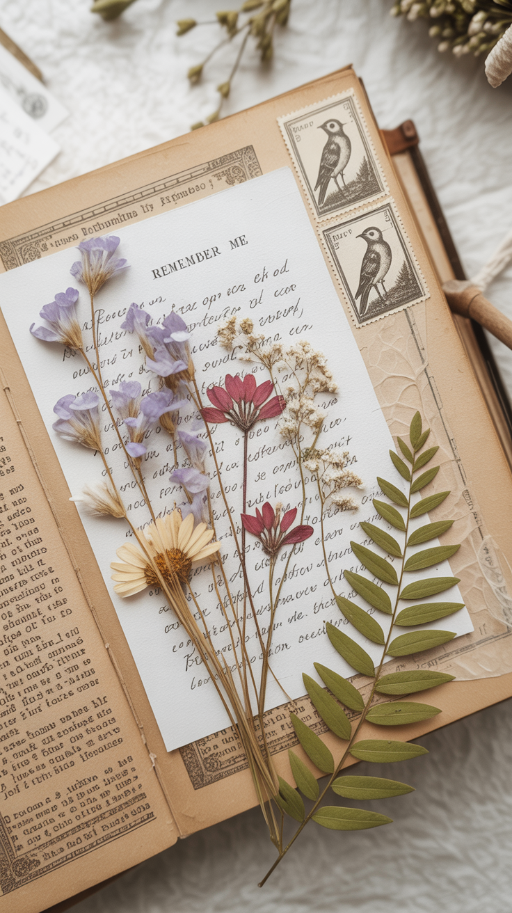 A photograph of a vintage junk journal page showcasing a carefully arranged botanical collage. Pressed wildflowers in shades of lavender, crimson, and cream are layered atop faded handwritten letters that read "Remember Me" and antique postage stamps featuring images of birds.